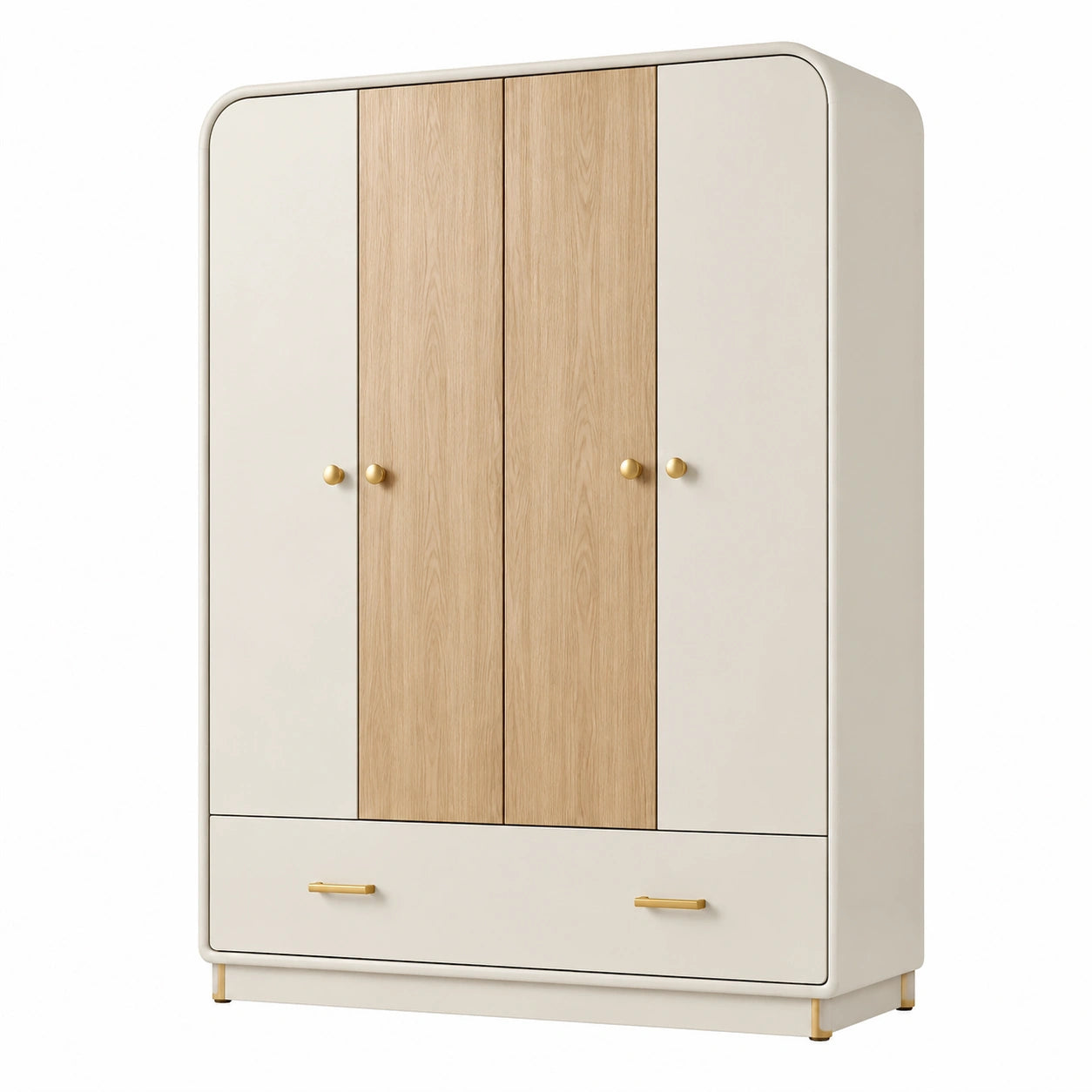 Armadio a tre ante in legno e MDF, maniglie in metallo, beige e legno