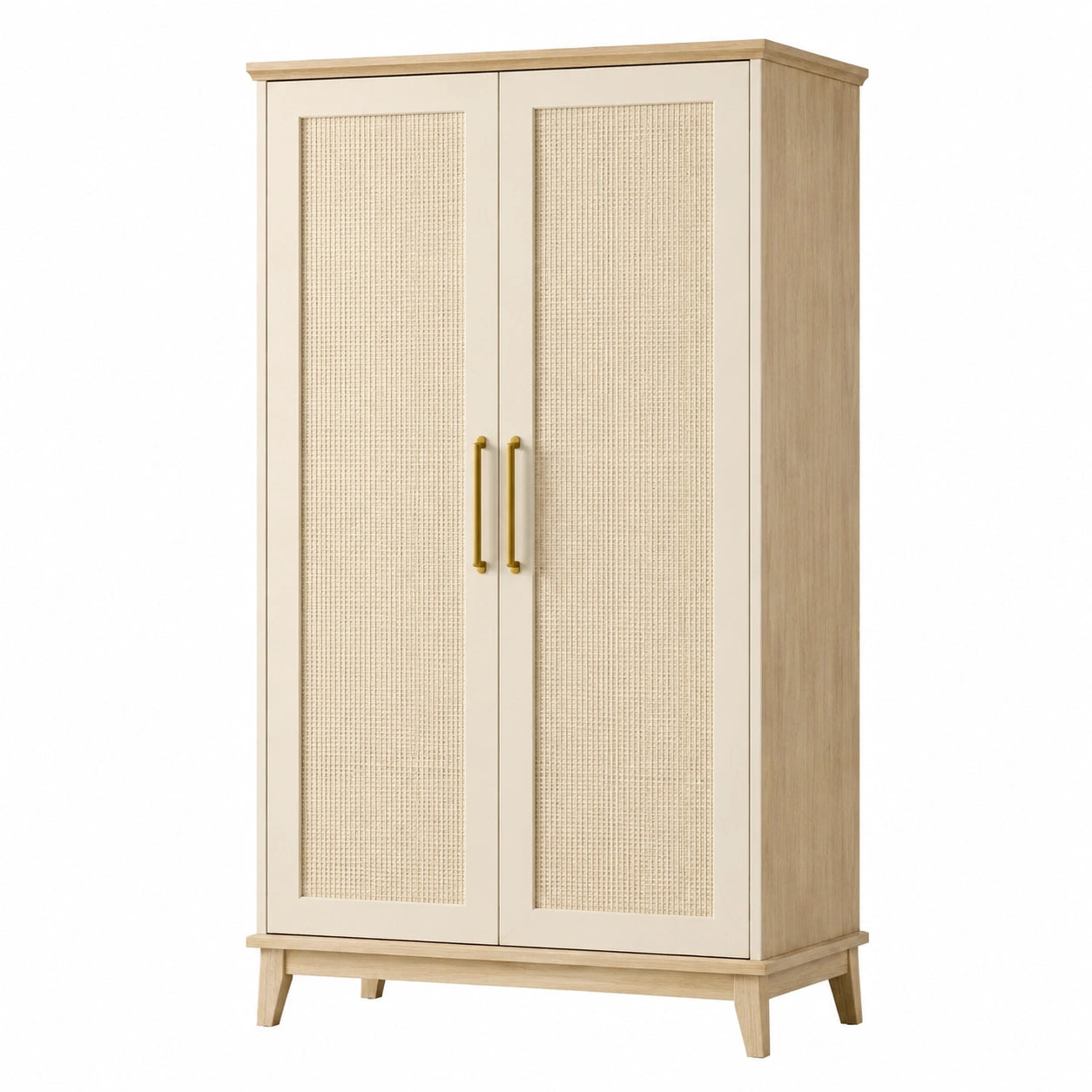 Armadio a due ante in legno e rattan beige
