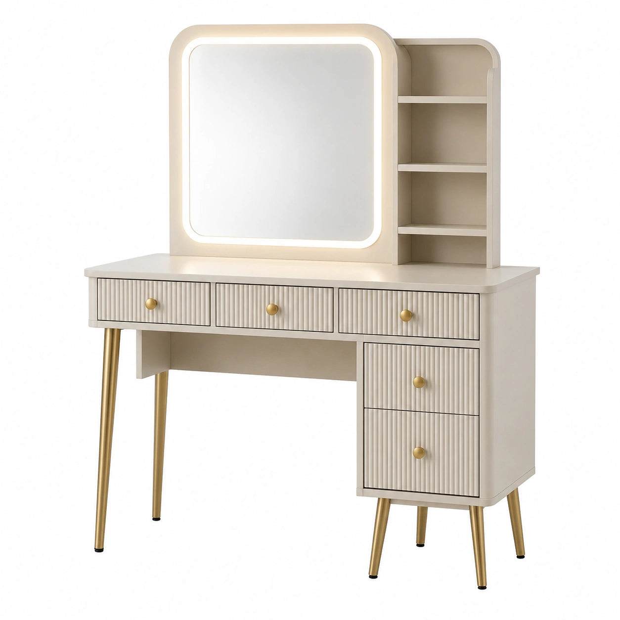 Tavolo Toeletta con Specchio LED in Legno e Metallo Beige