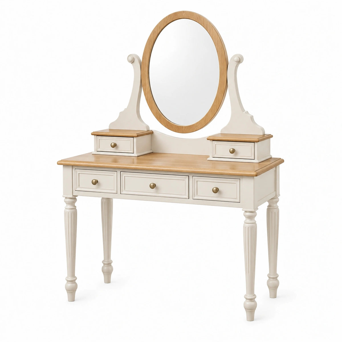 Toeletta in Legno con Specchio Ovale e Cassetti Bianco Naturale