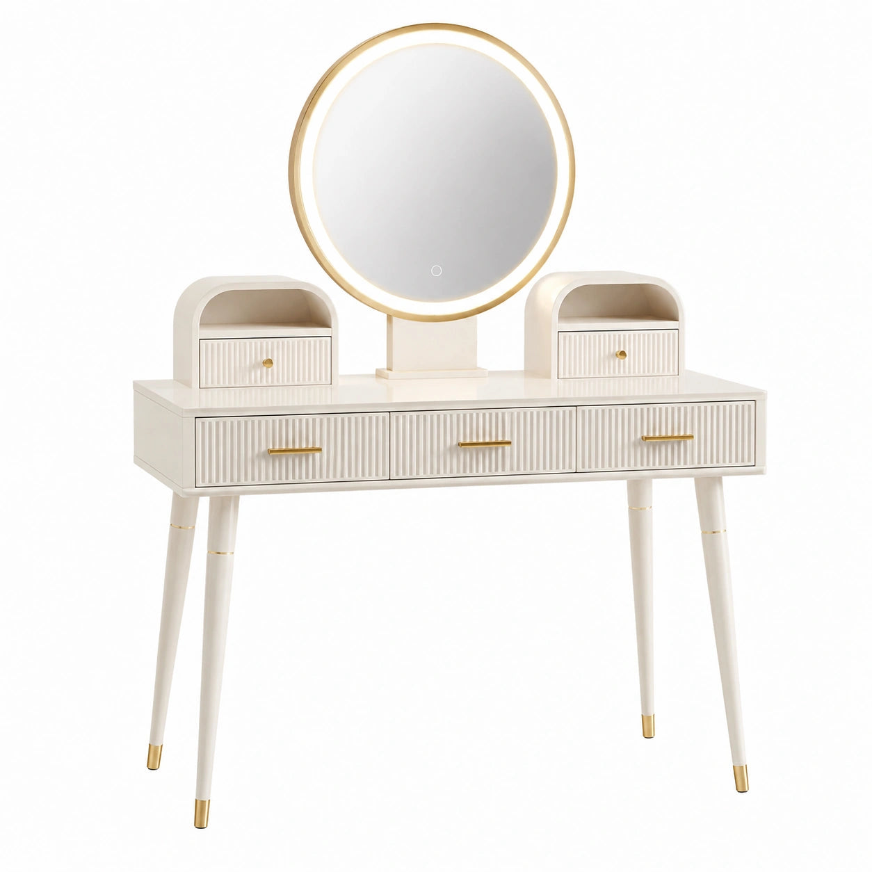 Tavolo Toeletta in Legno con Specchio LED e Cassetti Bianco e Oro