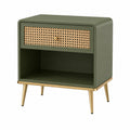 Comodino in legno e rattan verde con gambe in metallo dorato