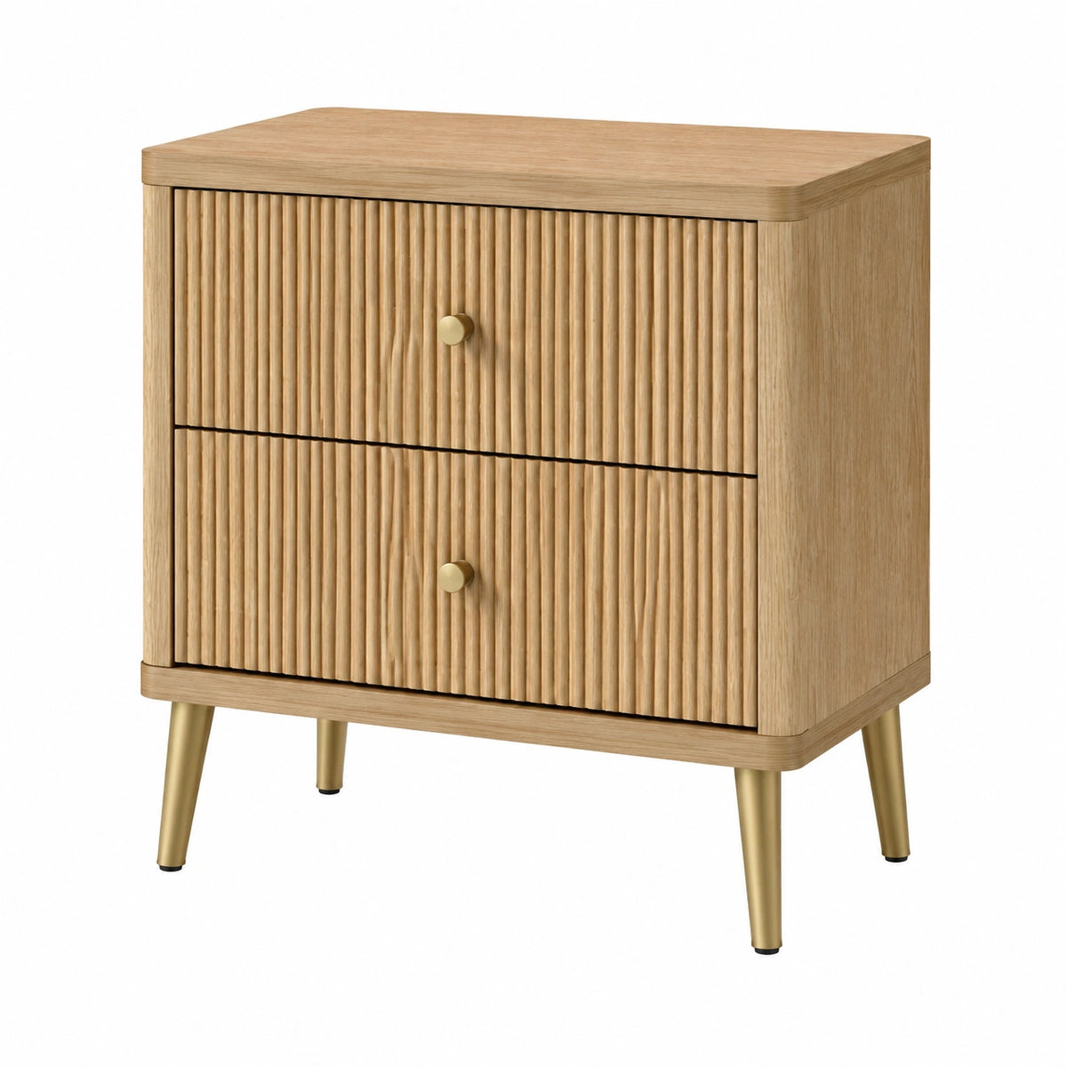 Comodino in legno con 2 cassetti, gambe in metallo dorato, rovere chiaro