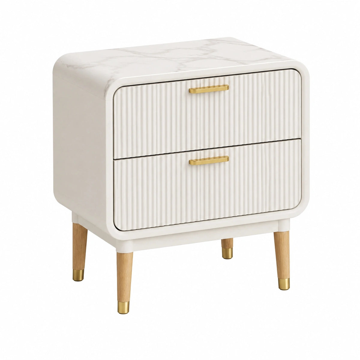 Comodino in MDF con gambe in legno e superficie effetto marmo bianco