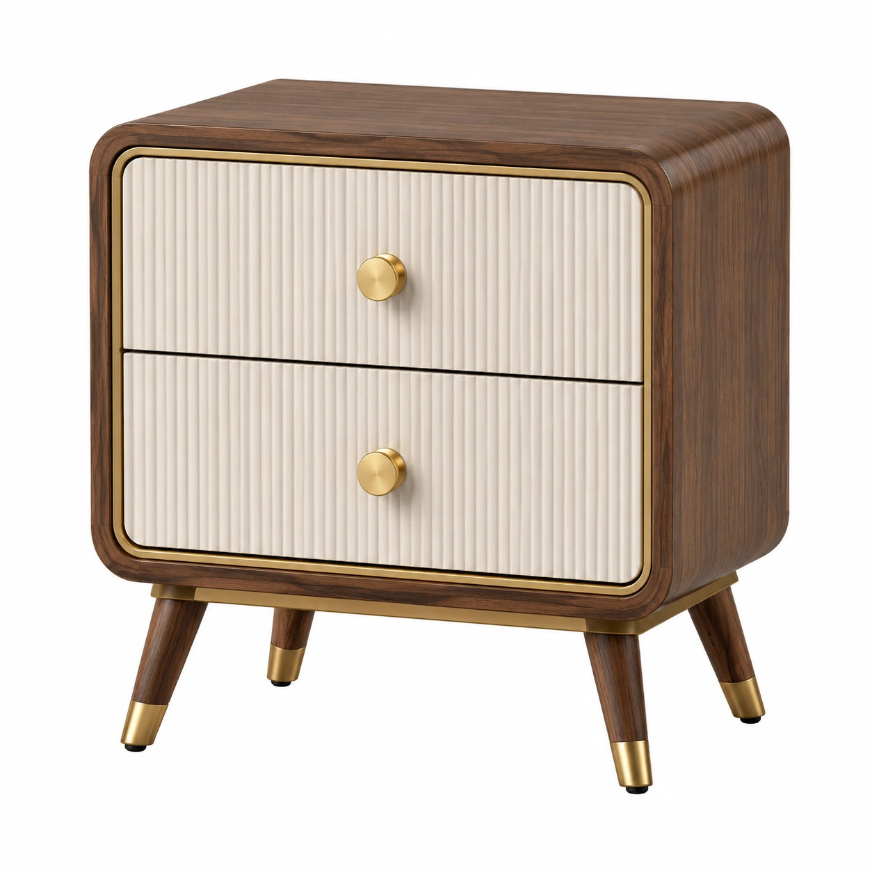Comodino in Legno di Noce e Metallo Dorato con 2 Cassetti 45x35x55 cm