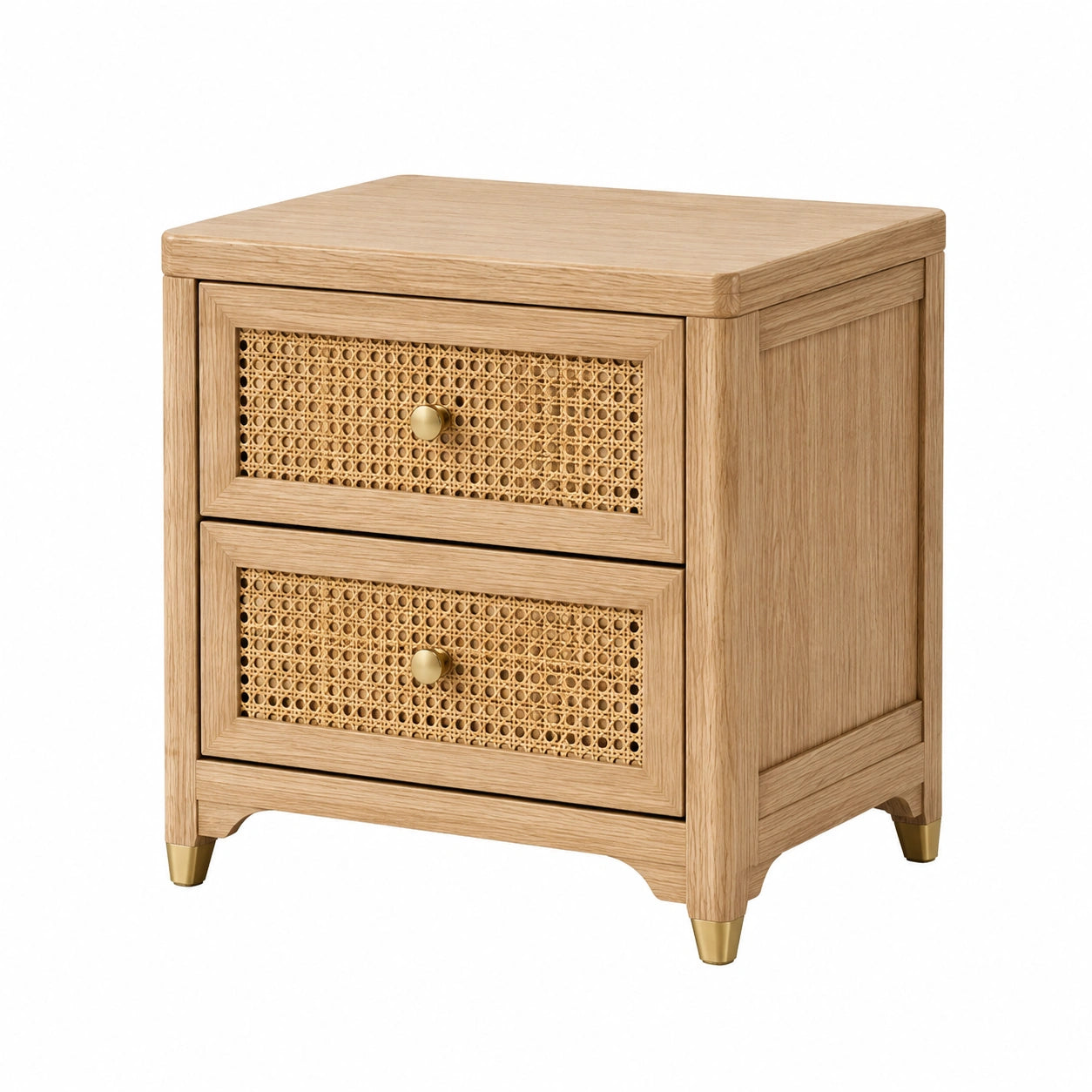 Comodino in Legno e Rattan Naturale con Due Cassetti
