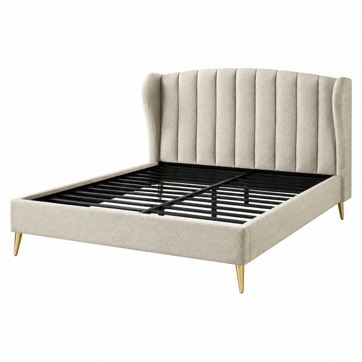 Letto matrimoniale imbottito in tessuto beige con testiera ad ala