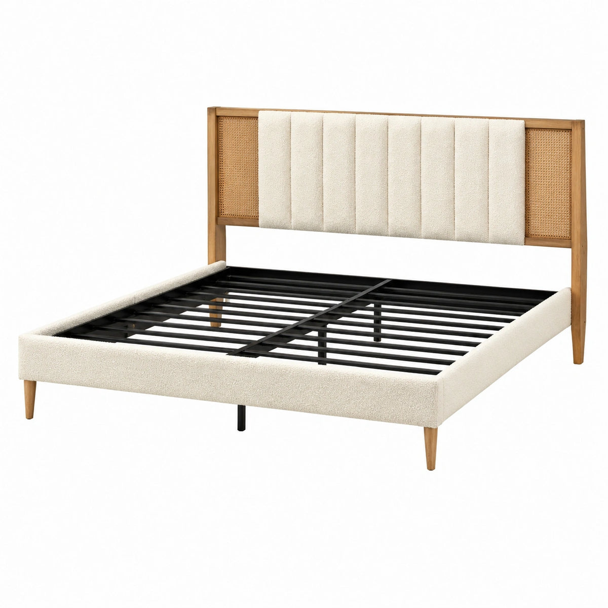 Letto matrimoniale in legno e metallo con testiera in rattan crema