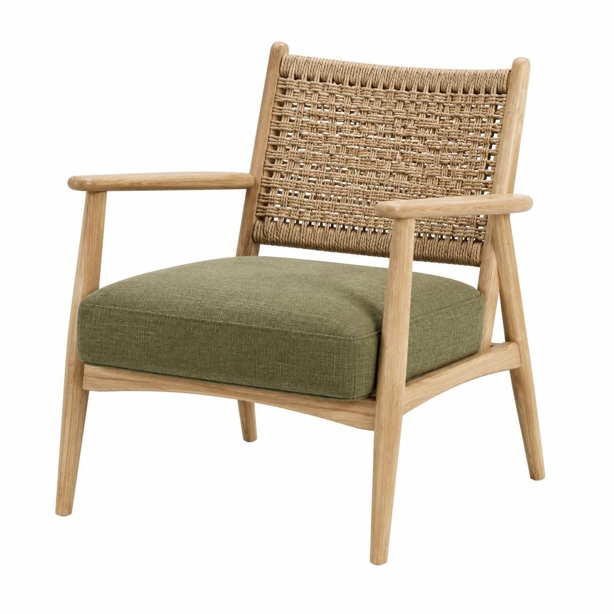 Poltrona in legno di rovere con schienale in corda e cuscino verde
