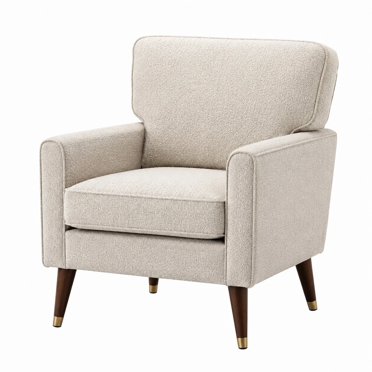 Poltrona in tessuto bouclé beige con gambe in legno