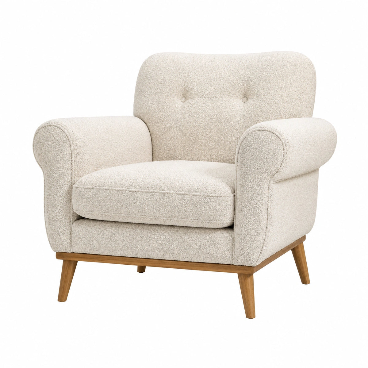 Poltrona in tessuto bouclé crema con gambe in legno