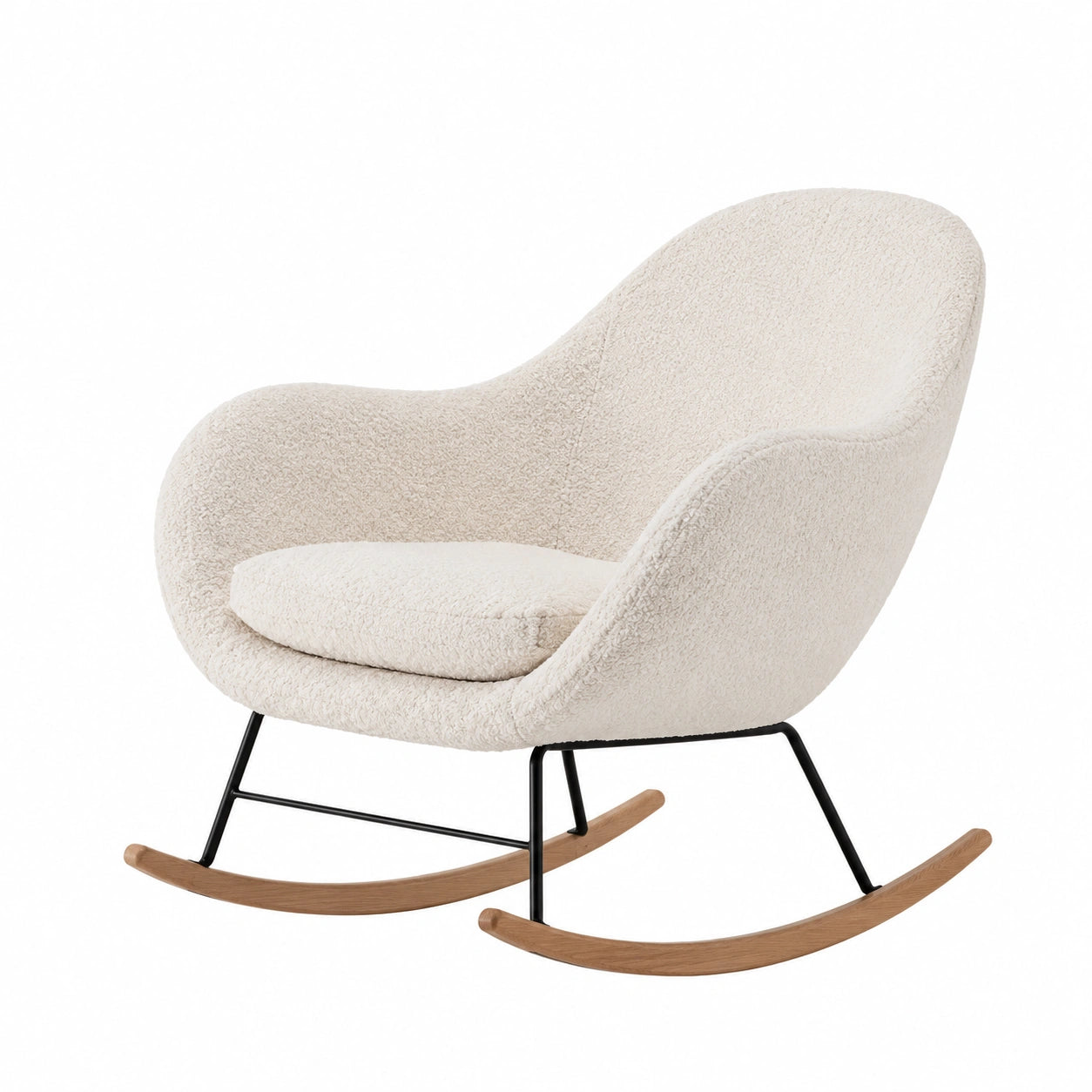 Sedia a dondolo in tessuto bouclé con struttura in metallo e base in legno beige