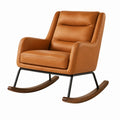 Sedia a dondolo in pelle sintetica marrone con struttura in metallo e base in legno