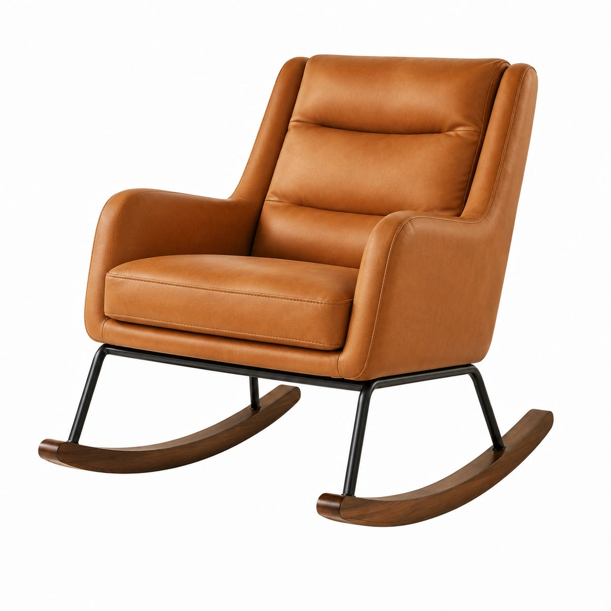Sedia a dondolo in pelle sintetica marrone con struttura in metallo e base in legno