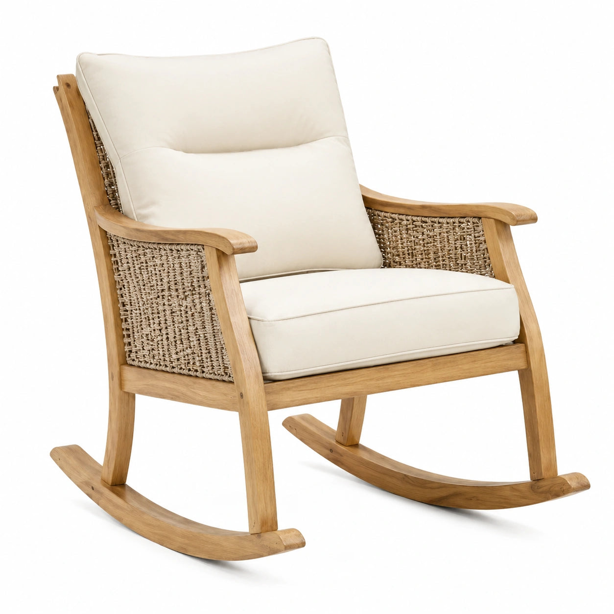 Sedia a dondolo in legno e rattan con cuscini in poliestere crema
