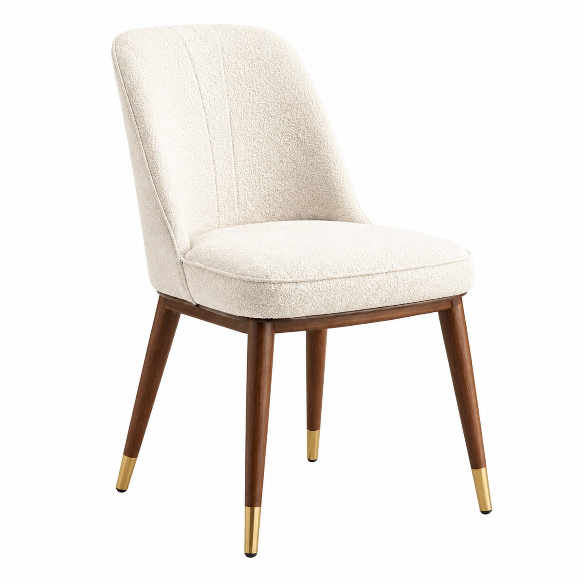Sedia in tessuto bouclé beige con gambe in legno e dettagli in ottone